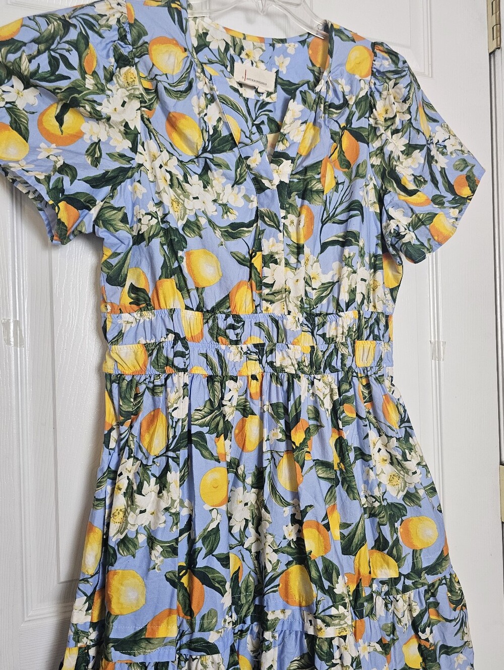 Anthropologie Somerset Blue Tiered Lemon Maxi Dress Size Large Pockets Smocked - Picture 6 of 11